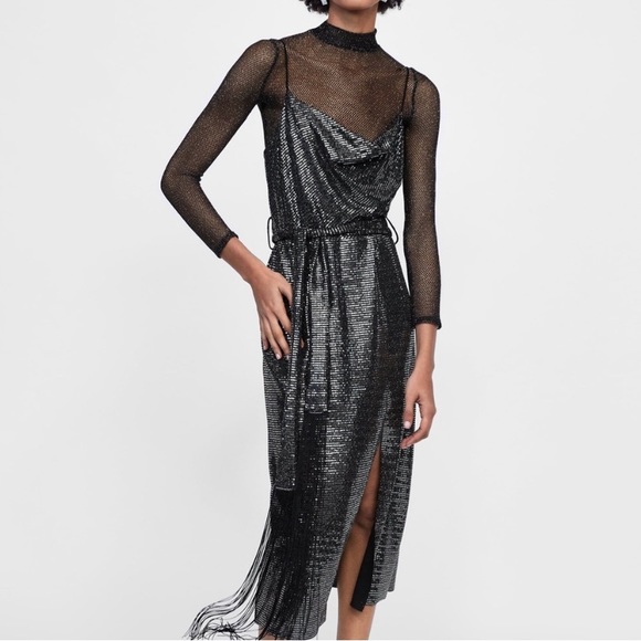 Zara Silver Cowl neck Midi Dress - Picture 2 of 5